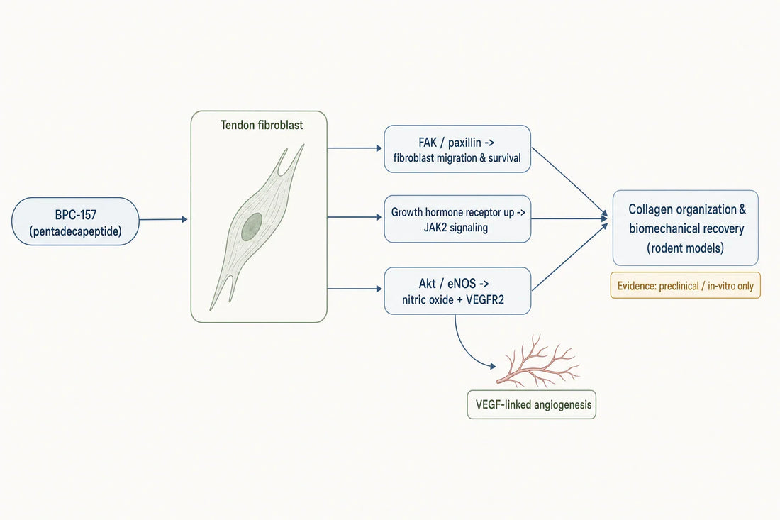 Proposed preclinical mechanism of BPC-157 in tendon-repair models: fibroblast signaling, angiogenesis, and collagen organization — evidence is in-vitro and rodent-only.