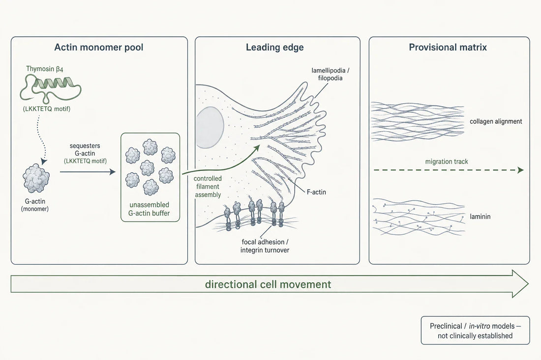 Schematic of the actin, adhesion and matrix steps researchers examine when studying the thymosin beta-4 motif and directional cell migration; evidence is preclinical.