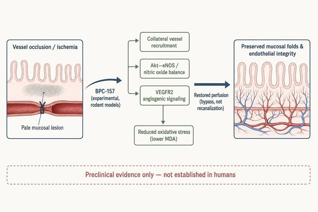 Proposed BPC-157 mechanism in rodent ischemia models: collateral recruitment and NO/VEGF signaling associated with preserved mucosa — preclinical evidence only.
