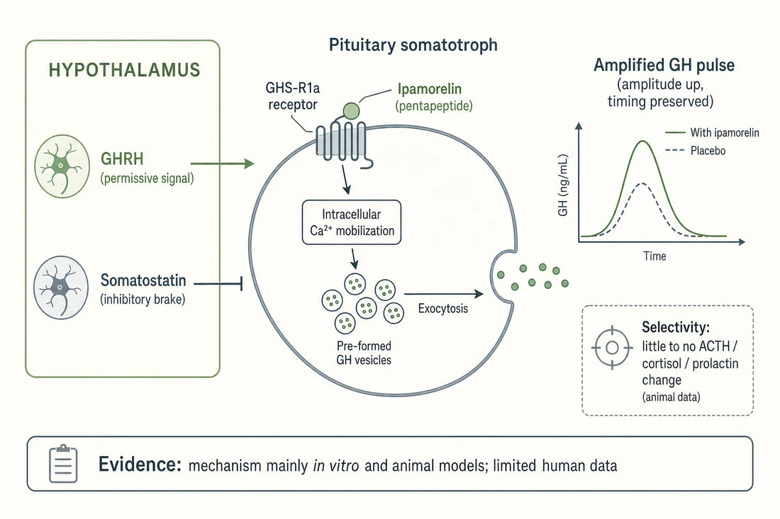 Schematic of how research models describe ipamorelin engaging GHS-R1a to amplify a hypothalamically gated growth hormone pulse; mechanism is largely preclinical.