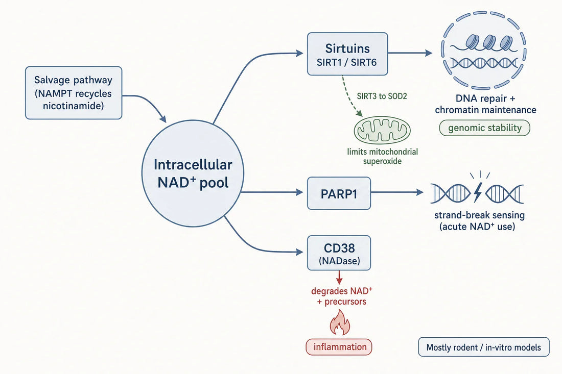 Schematic of how a shared intracellular NAD+ pool is divided among sirtuins, PARP1 and CD38, linking NAD+ supply to sirtuin-mediated DNA repair and genome maintenance (based on preclinical models).