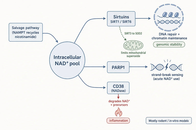 How Does NAD+ Homeostasis Regulate Sirtuin-Mediated Genomic Stability in Chronic Disease Models?