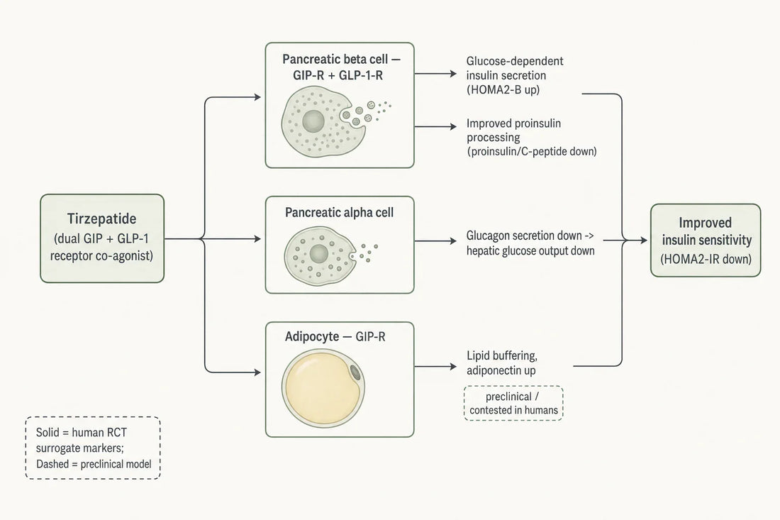 Reported routes by which tirzepatide's dual receptor engagement is linked to insulin-sensitivity markers; adipose effects remain partly preclinical.