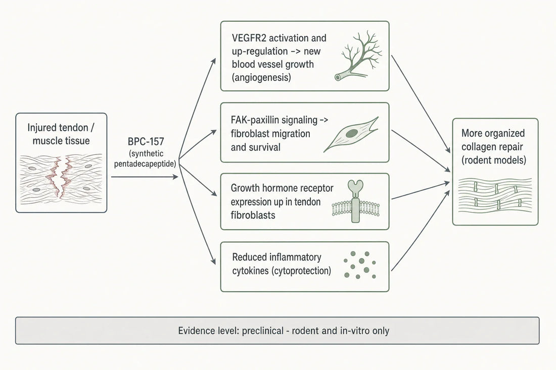 Proposed BPC-157 repair mechanisms reported in rodent and in-vitro models: angiogenesis via VEGFR2, FAK-paxillin-linked fibroblast migration, growth-hormone-receptor upregulation, and reduced inflammatory cytokines. Preclinical evidence only.