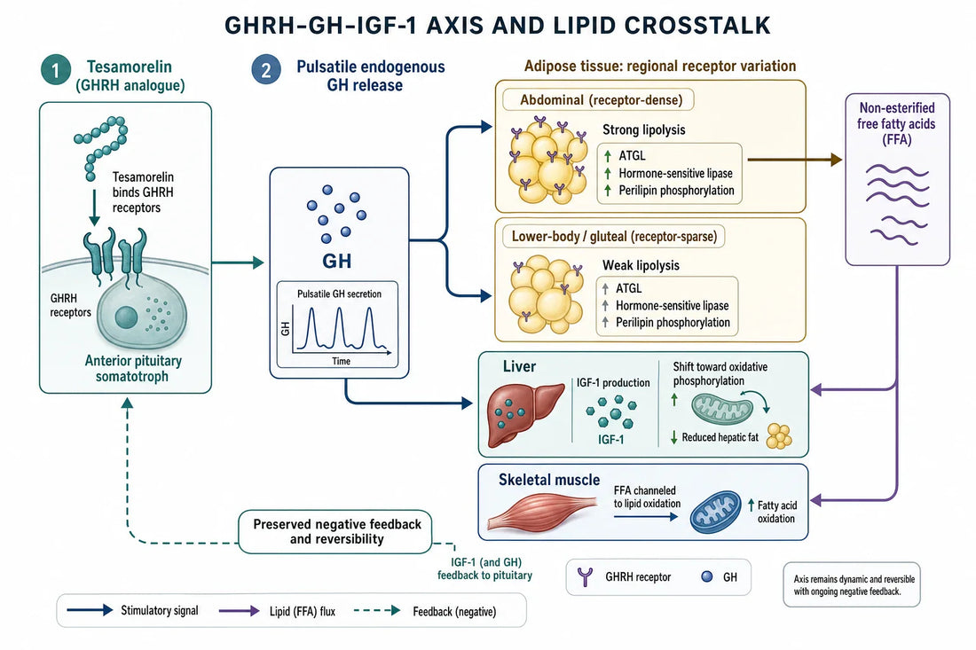 Tesamorelin drives pulsatile GH from the pituitary; GH and IGF-1 act across receptor-dense abdominal adipose, liver, and muscle, coupling lipolysis to hepatic and peripheral fatty-acid oxidation while pituitary feedback stays intact.