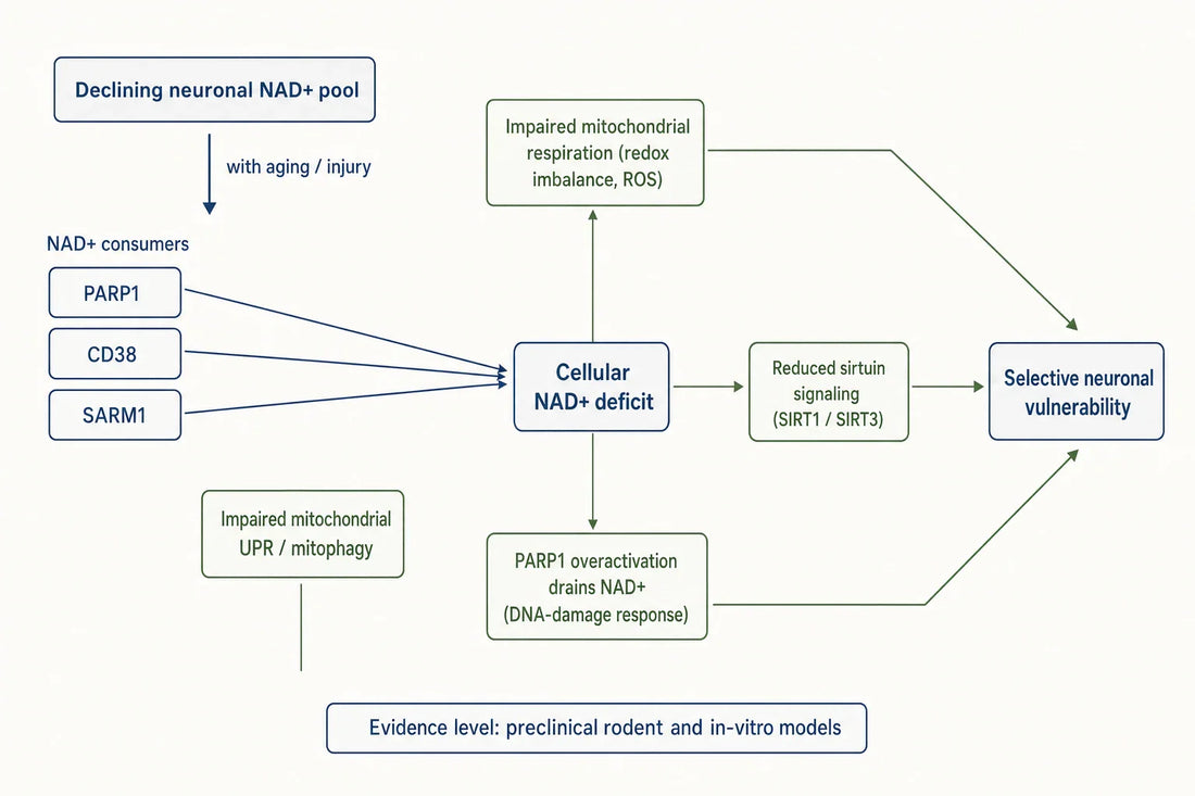 Schematic of how declining neuronal NAD+ converges on mitochondrial, genomic, and proteostatic failure in preclinical models; evidence is rodent and in-vitro.