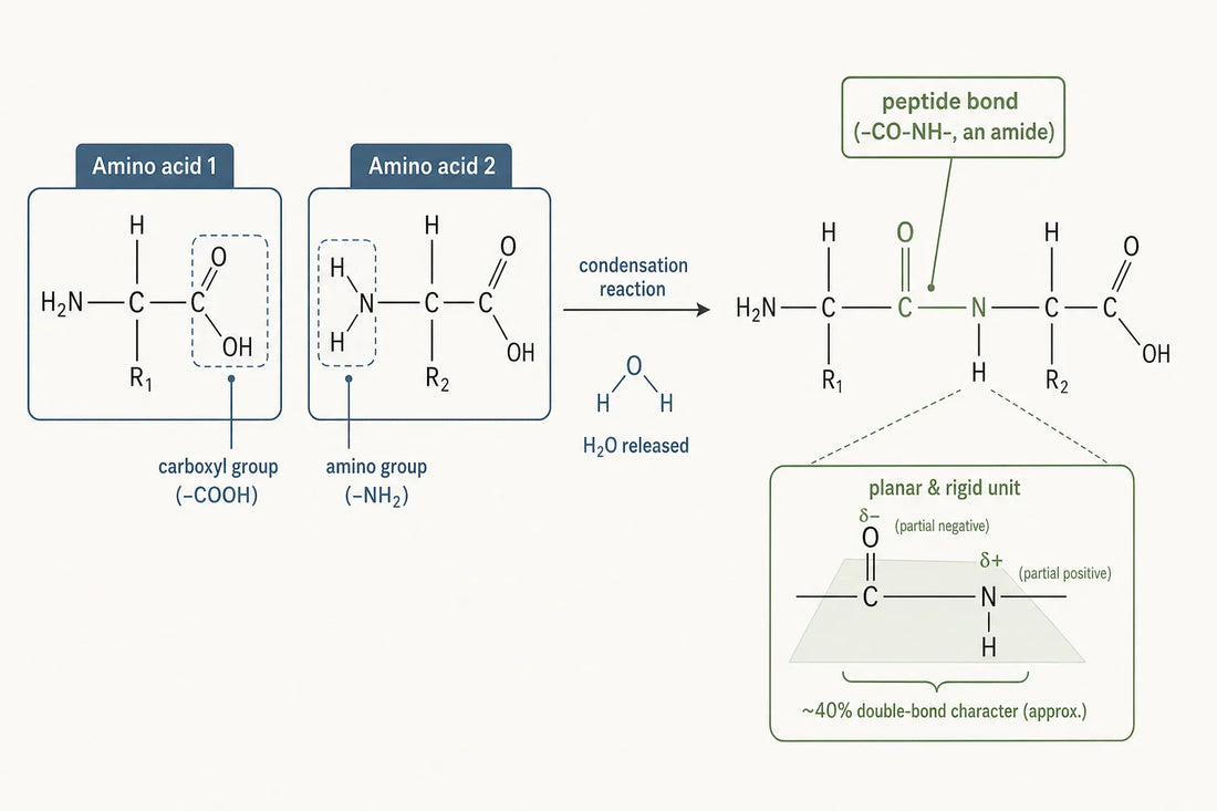Two amino acids condense with loss of water to form the planar, partly double-bonded peptide (amide) linkage.