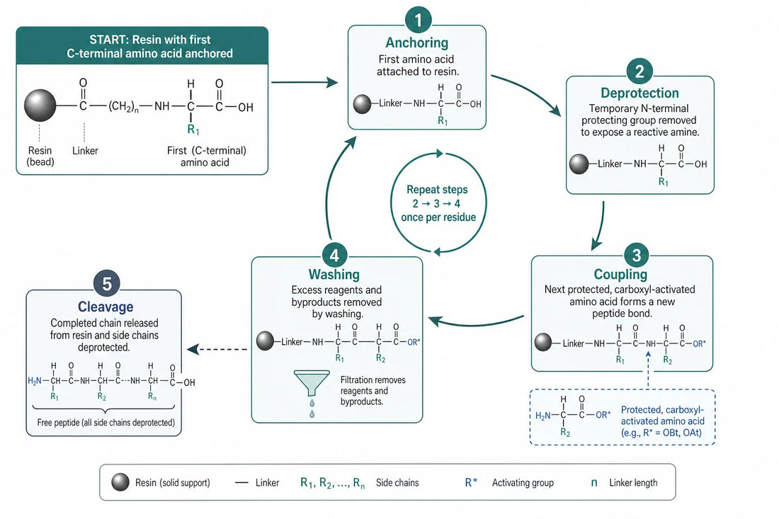 The repeating SPPS cycle: after anchoring, deprotection, coupling, and washing repeat once per residue before final cleavage releases the free peptide.