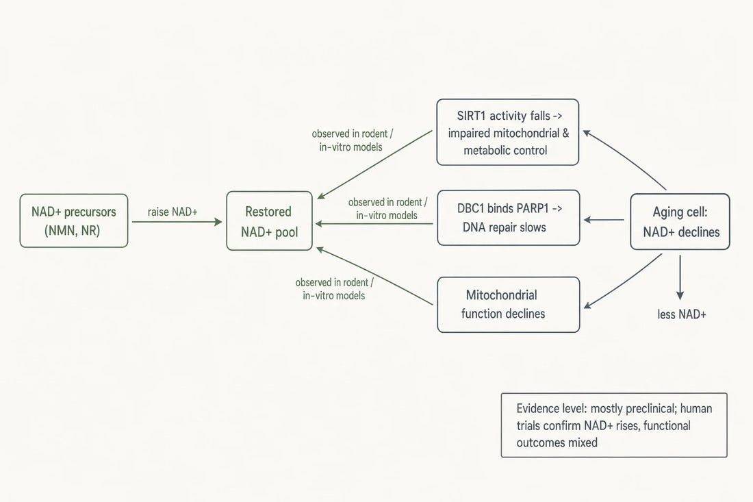 How researchers model NAD+ decline, its downstream effects on sirtuins, PARP1 and mitochondria, and precursor-driven repletion — with evidence level noted.