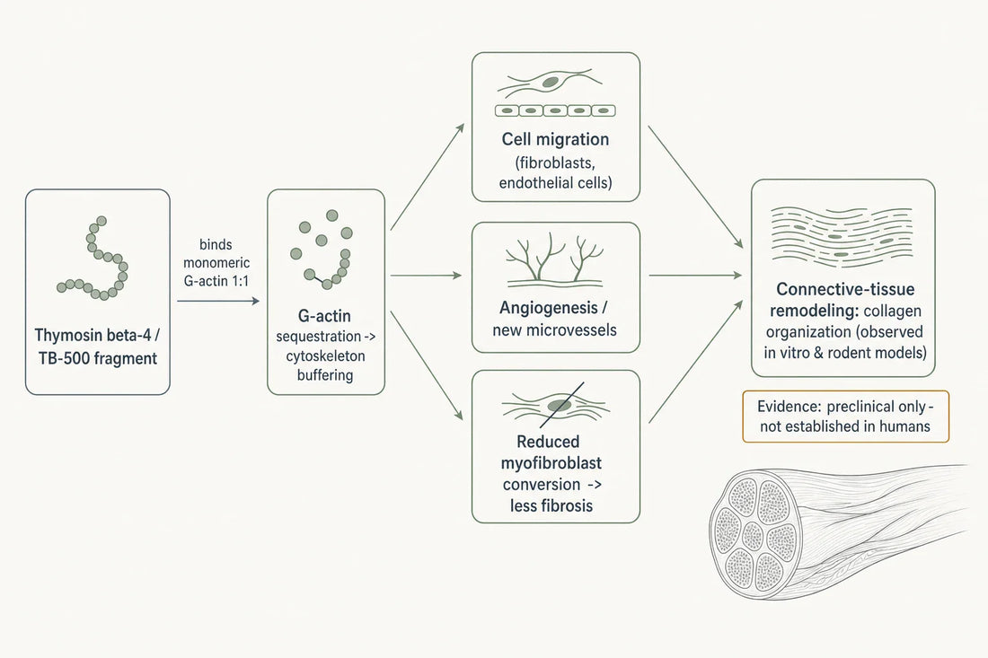 Proposed preclinical mechanism: TB-500/thymosin beta-4 sequesters G-actin, which is associated with cell migration, angiogenesis and reduced fibrosis in connective-tissue remodeling models. Evidence is preclinical only.