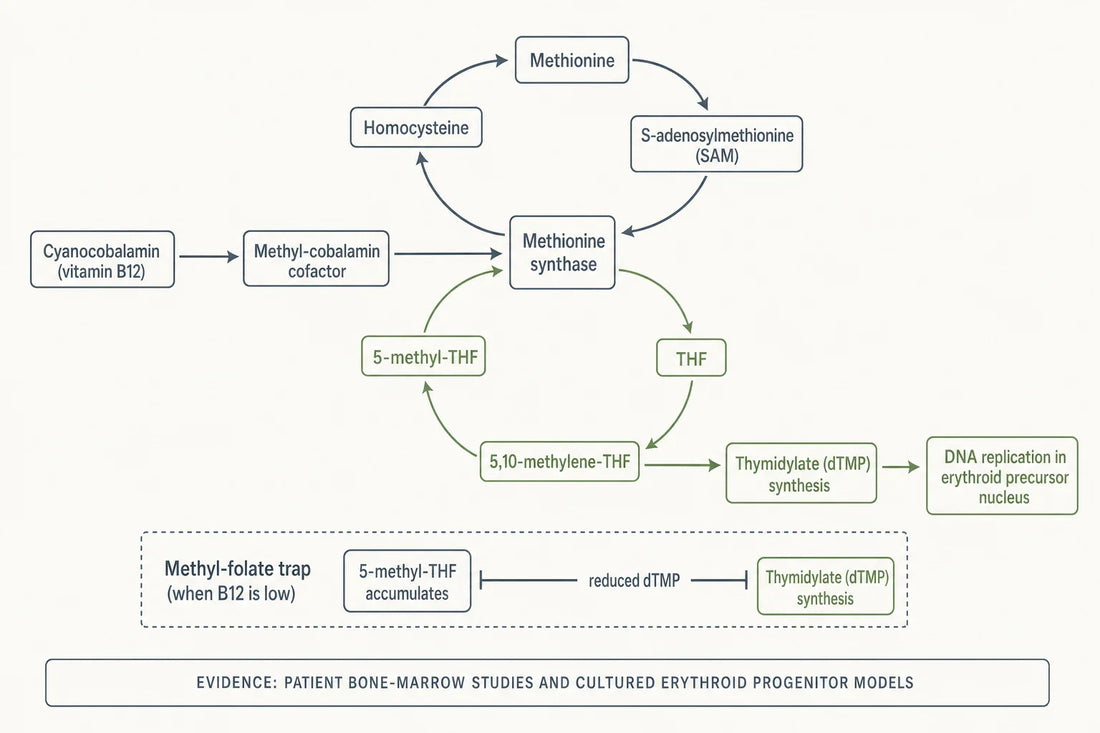 Schematic of the cyanocobalamin-dependent methionine-synthase node linking folate cycling to thymidylate and DNA synthesis in erythroid precursors, as characterized in marrow and culture models.