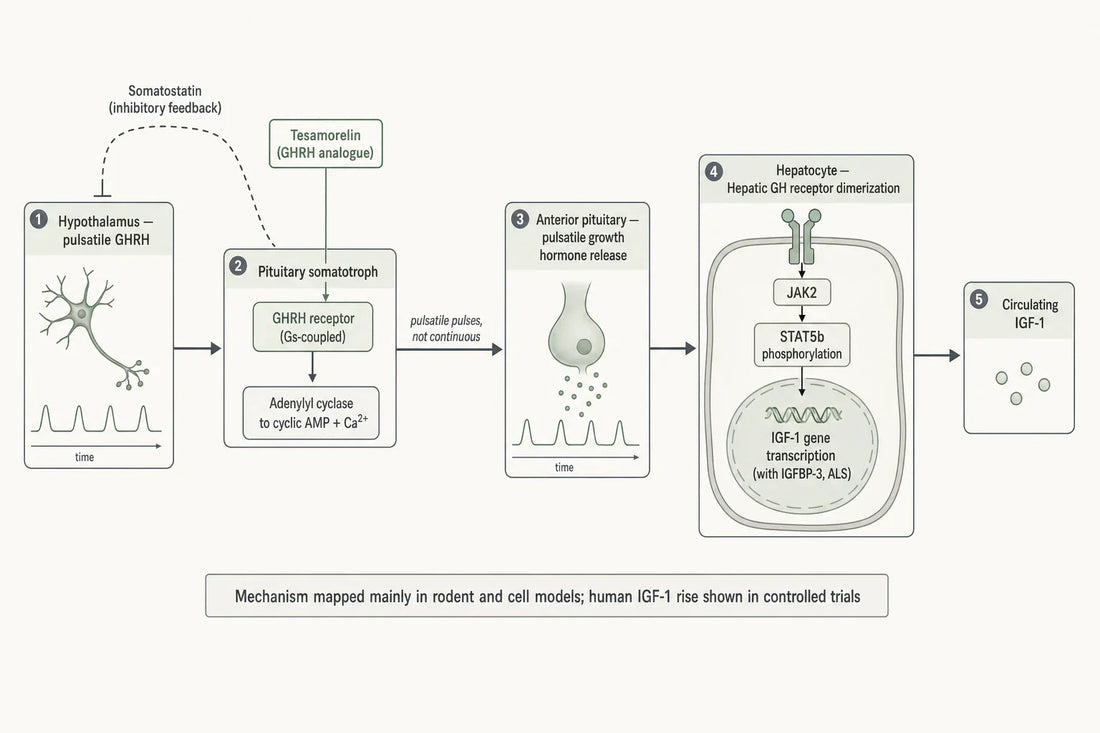 Schematic of the proposed tesamorelin signaling axis: GHRH-receptor activation drives pulsatile growth hormone release, which engages hepatic JAK2–STAT5b to transcribe the IGF-1 gene, under somatostatin feedback.